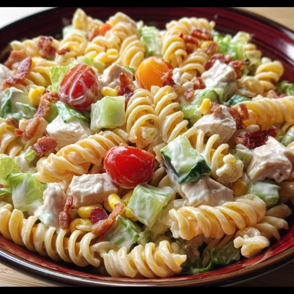 A bowl of pasta salad with tomatoes and bacon.