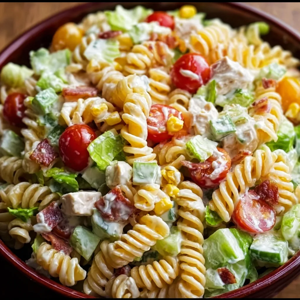 A bowl of pasta salad with tomatoes and bacon.