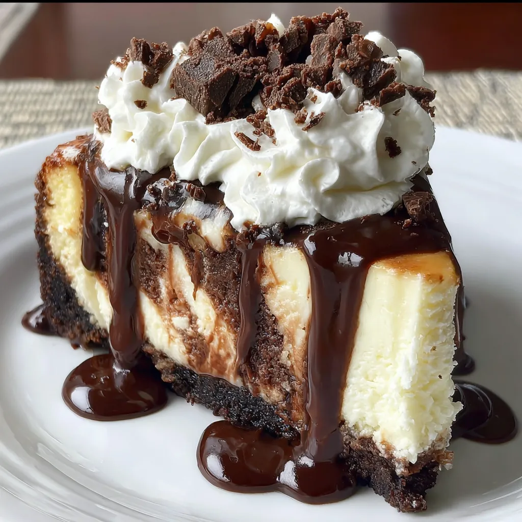 A slice of cheesecake with chocolate drizzle.