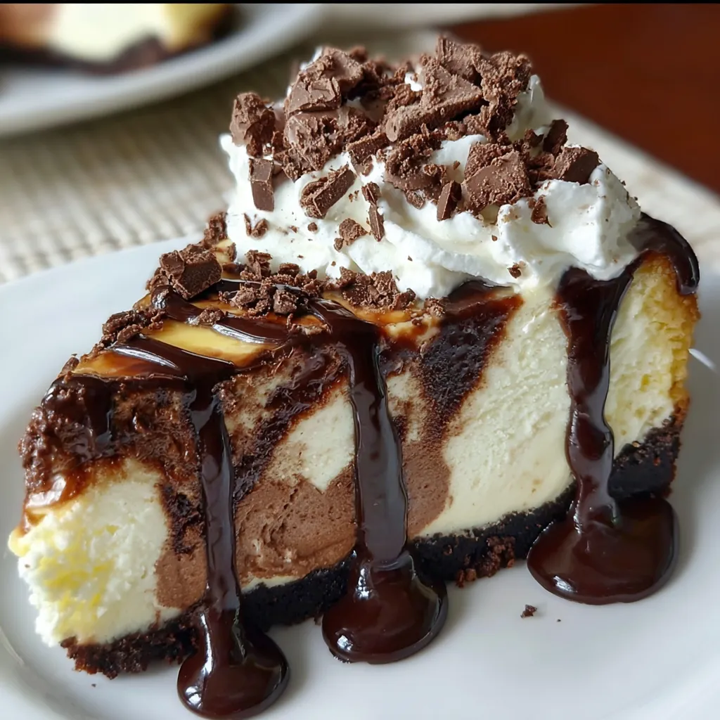 A slice of cheesecake with chocolate drizzle.
