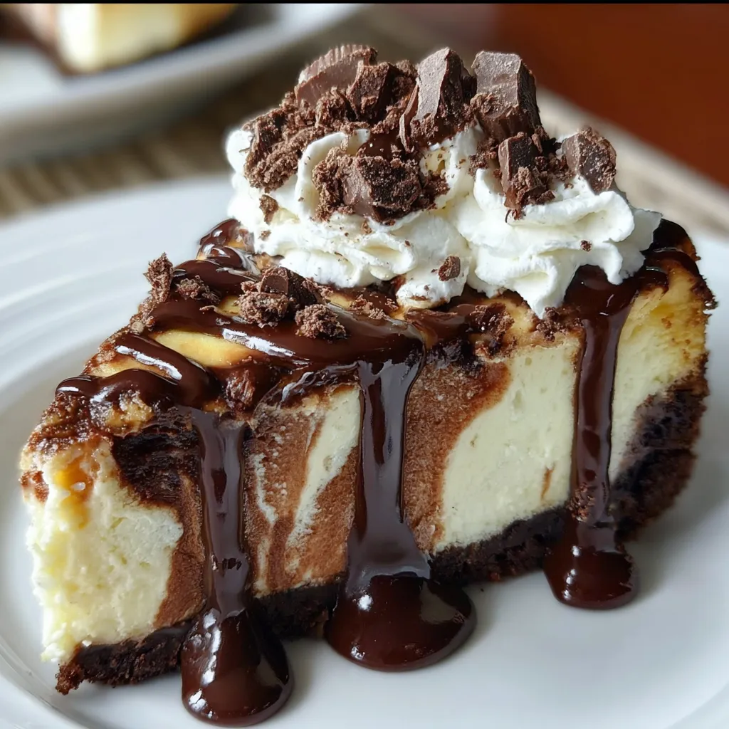 A slice of cheesecake with chocolate drizzle.