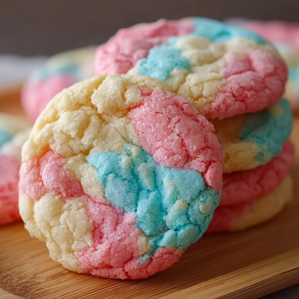 Rainbow colored cookies on a wooden tray.