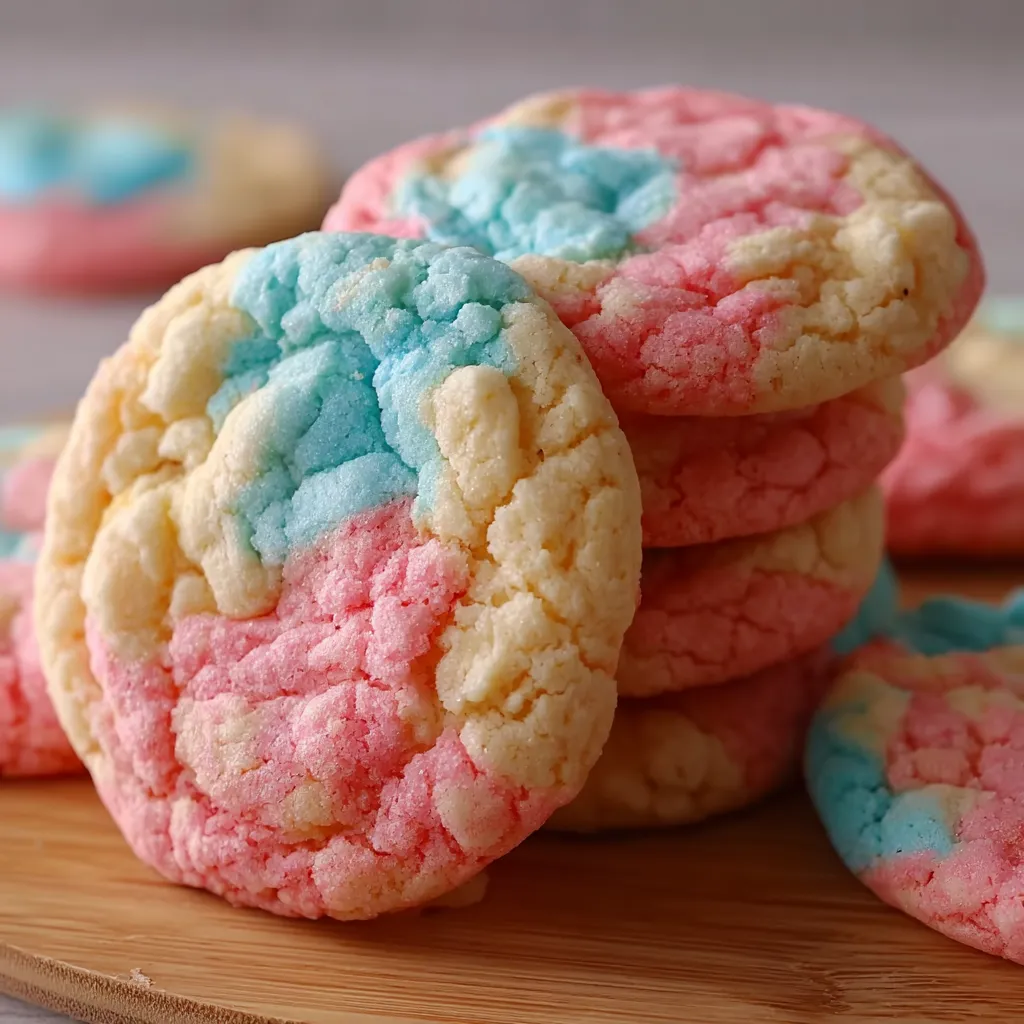 A stack of colorful cookies on a wooden table.