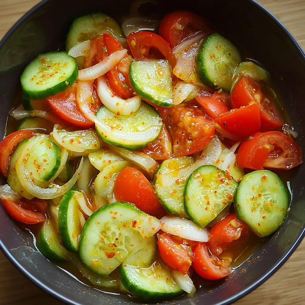 A bowl of vegetables including cucumbers, onions, and tomatoes.
