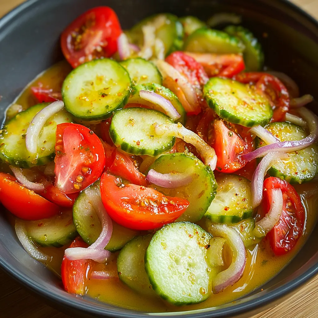A bowl of vegetables including cucumbers, tomatoes, onions, and peppers.
