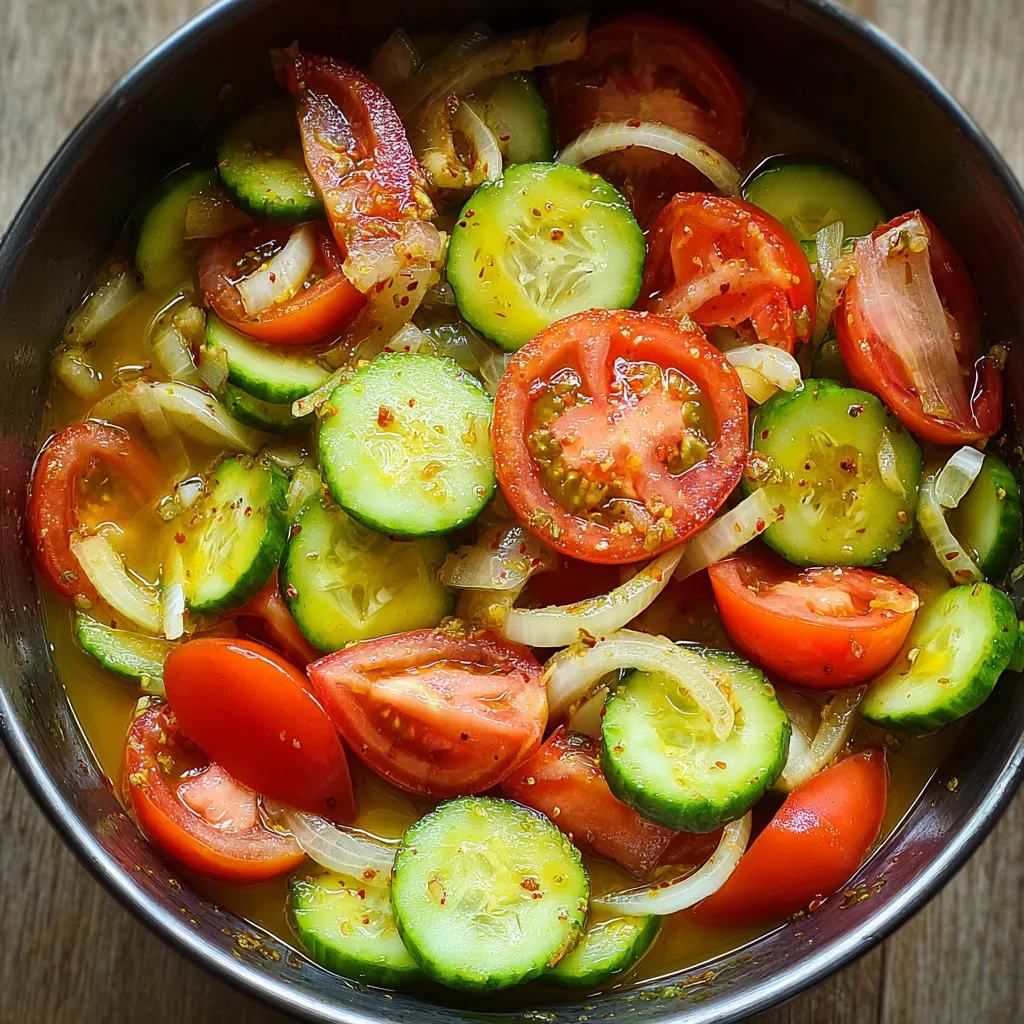 A bowl of vegetables including cucumbers, tomatoes, and onions.