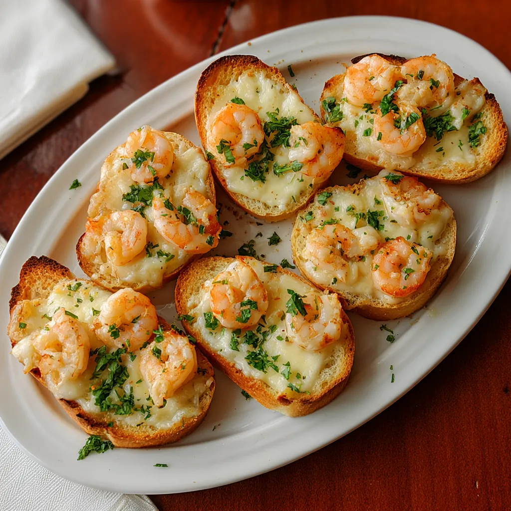 A plate of shrimp and cheese on toast.