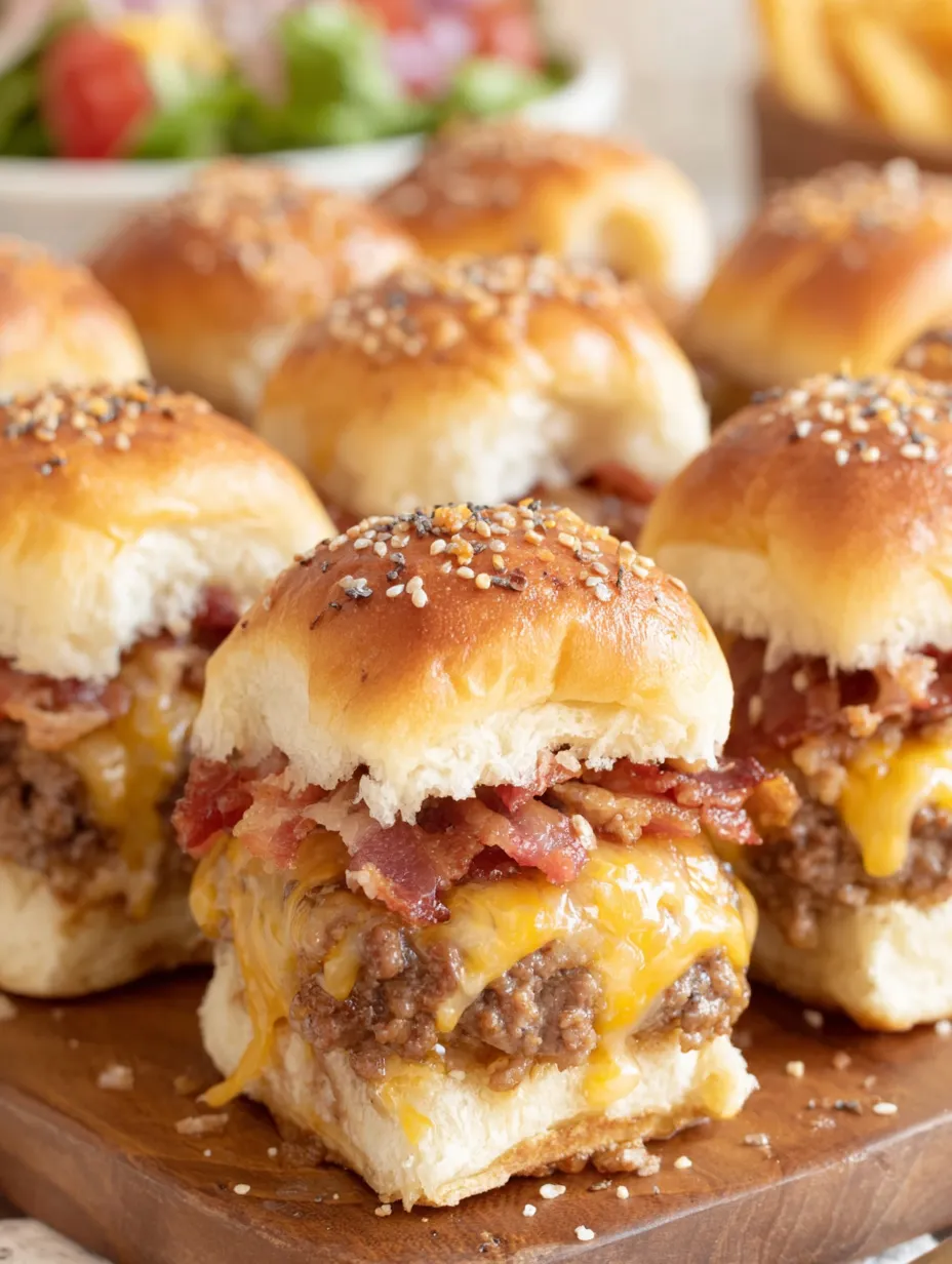 Bacon cheeseburger sliders on a wooden tray.