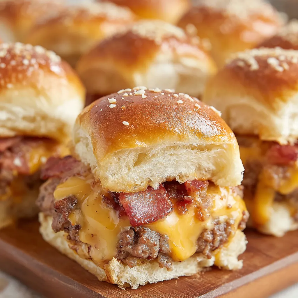 Bacon cheeseburger sliders on a wooden tray.