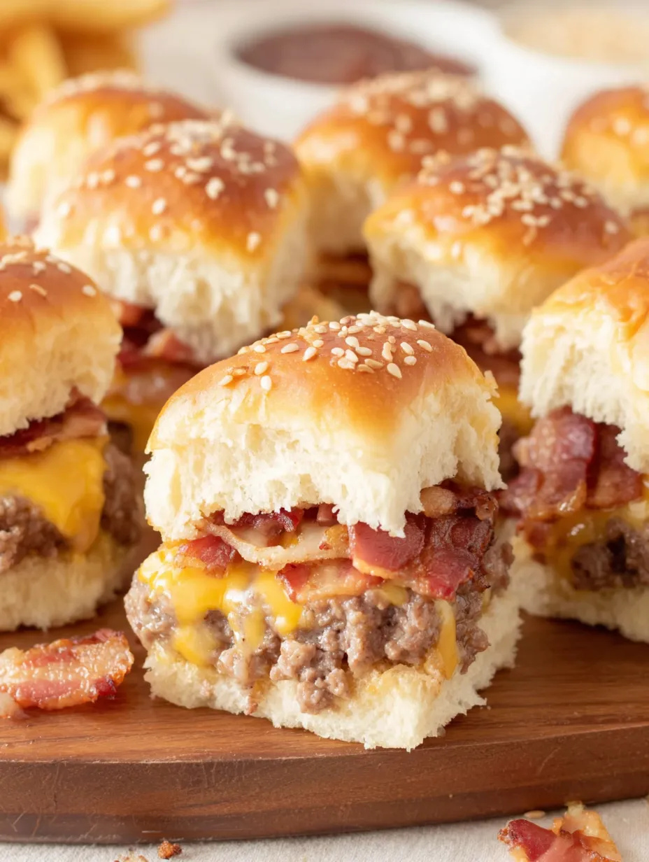 Bacon cheeseburger sliders on a wooden table.