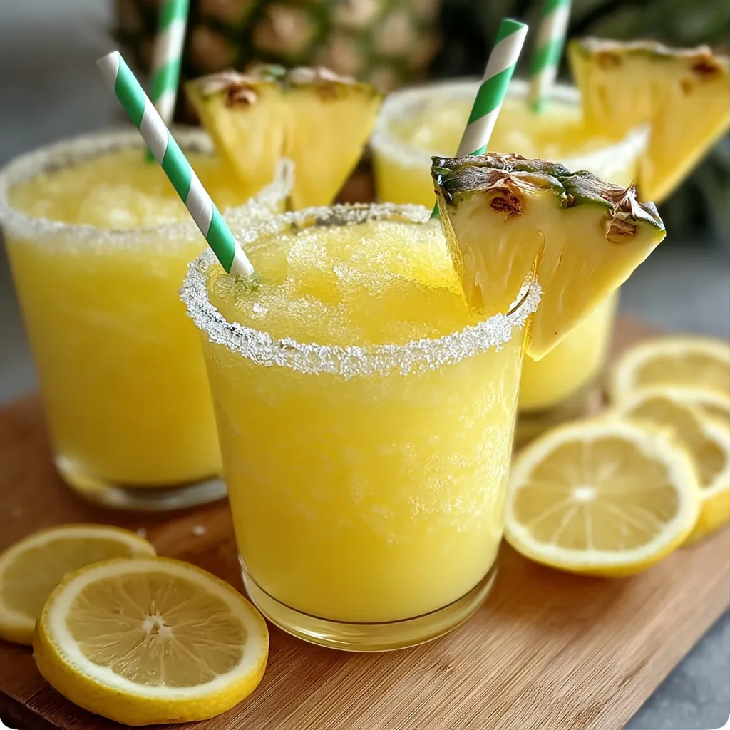 Three glasses of pineapple juice with green straws.