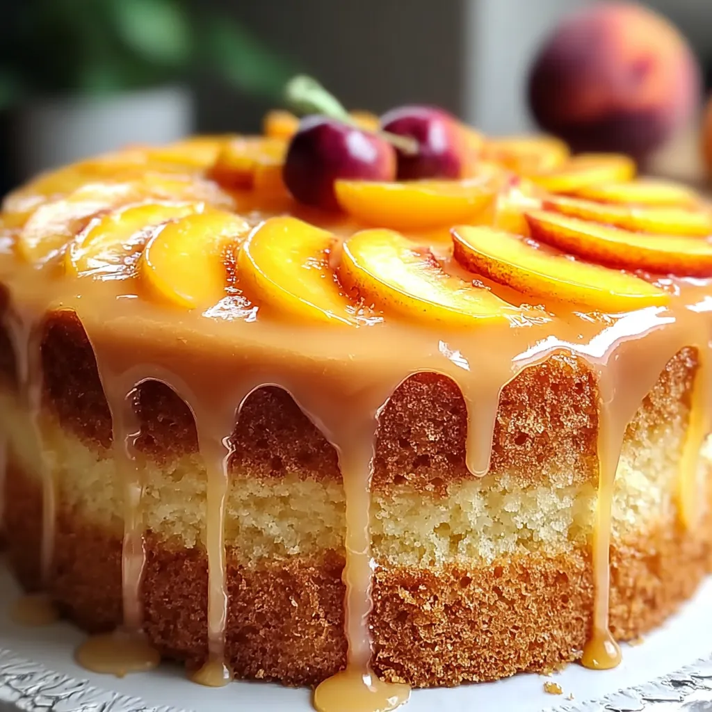 A cake with a glaze and fruit on top.