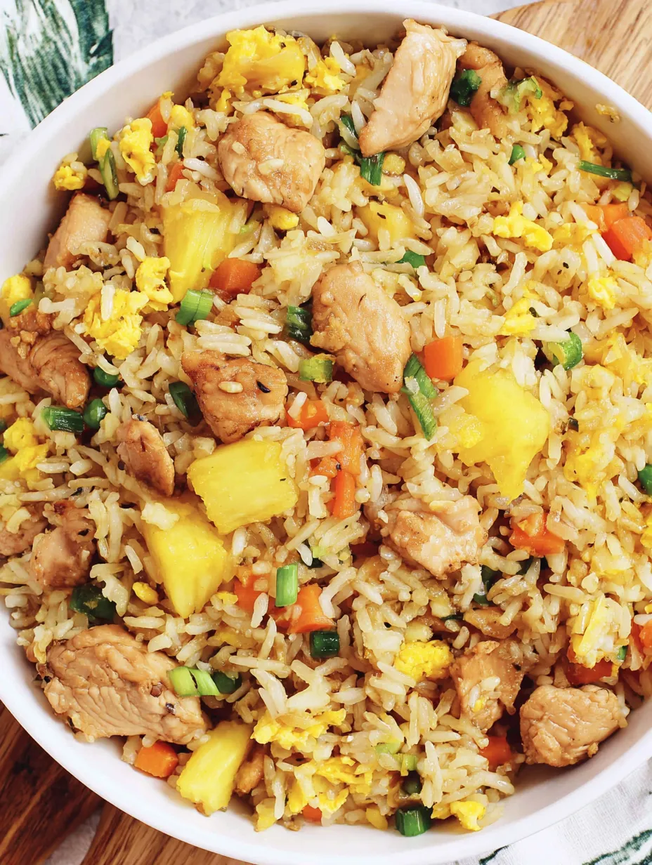 A bowl of chicken pineapple fried rice.