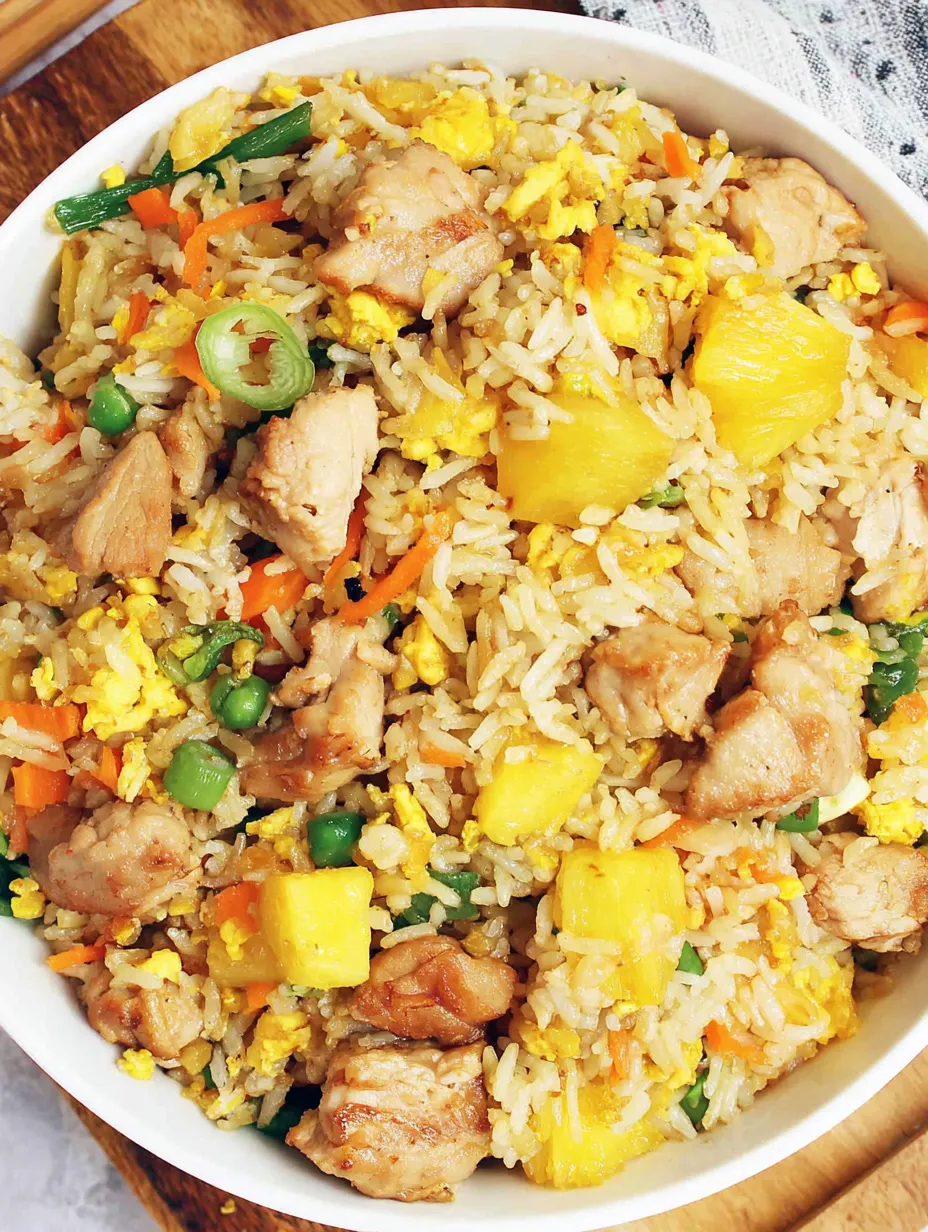 A bowl of chicken pineapple fried rice.