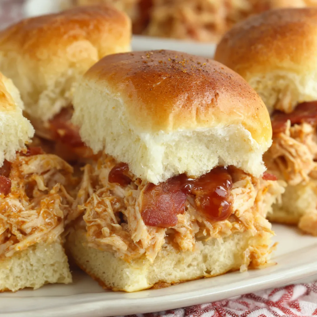 Bacon BBQ Chicken Sliders on a plate.