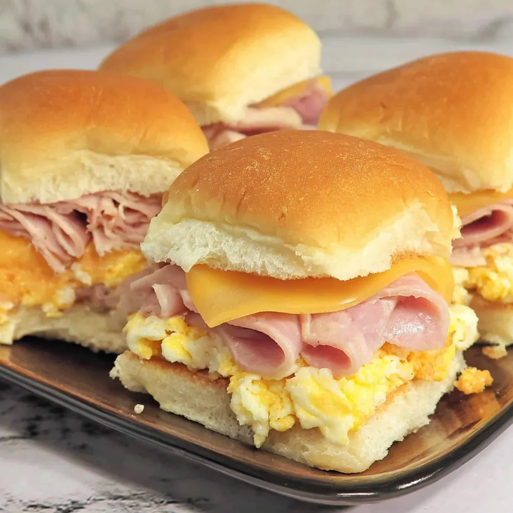 A plate of peameal bacon breakfast sliders.