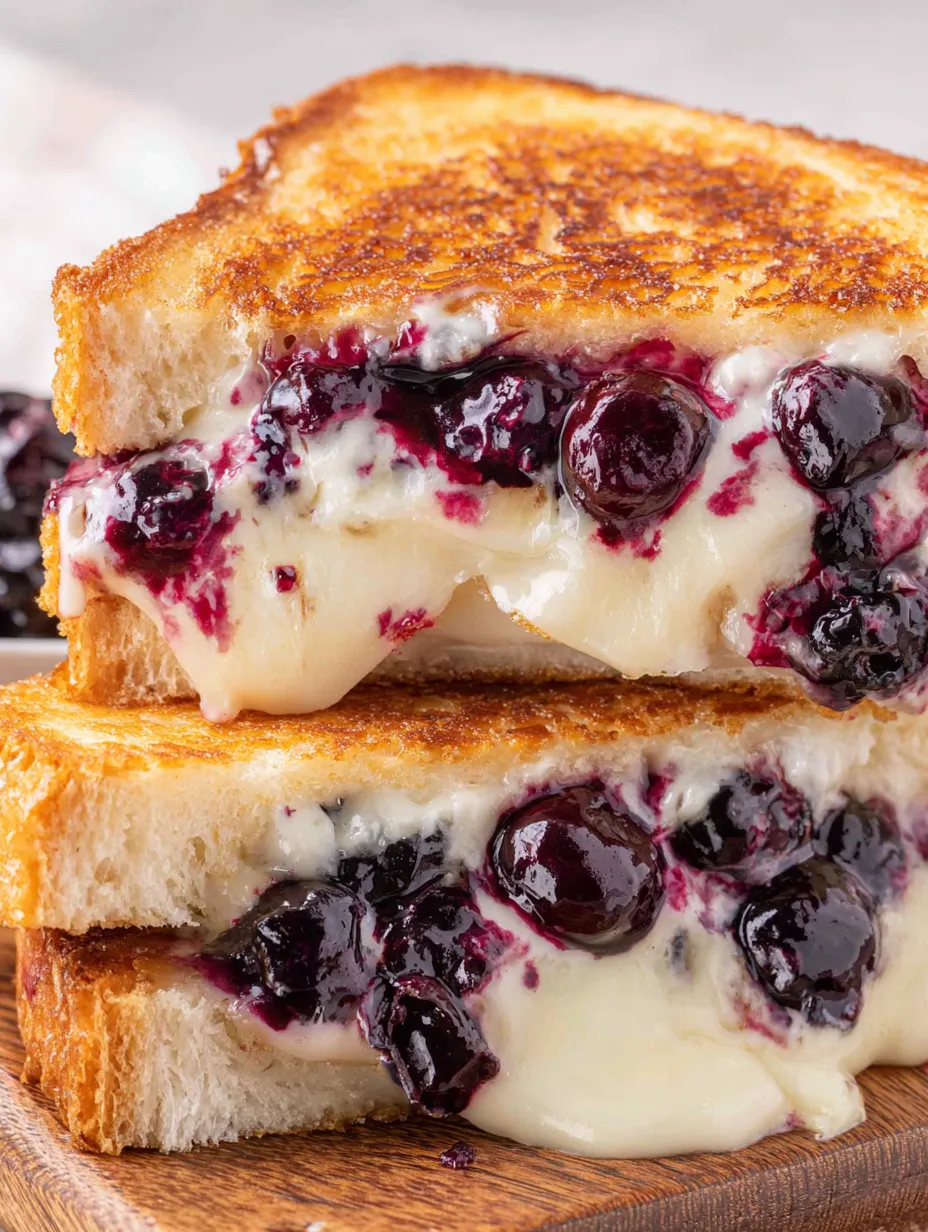 A grilled cheese sandwich with blueberries on top.