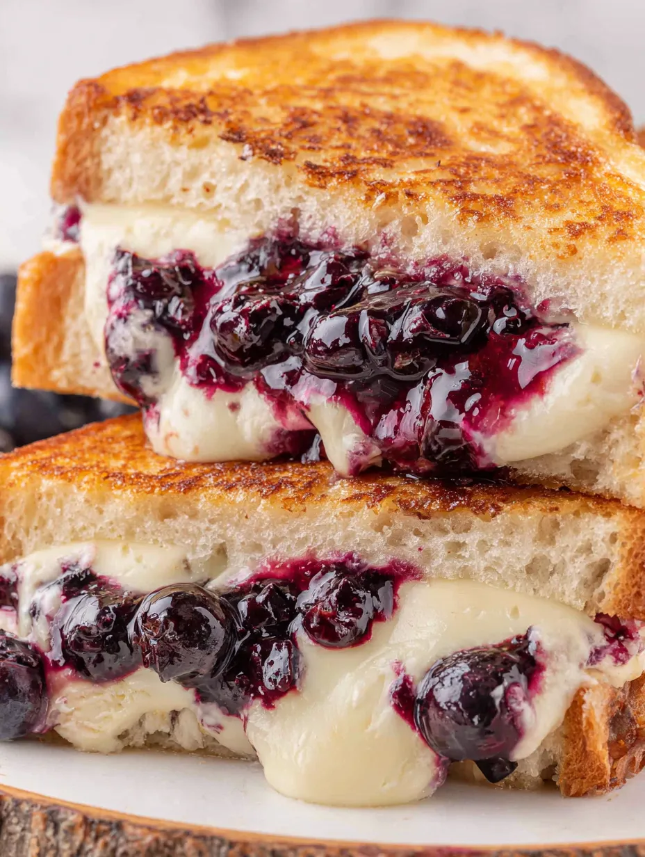 A grilled cheese sandwich with blueberries on top.