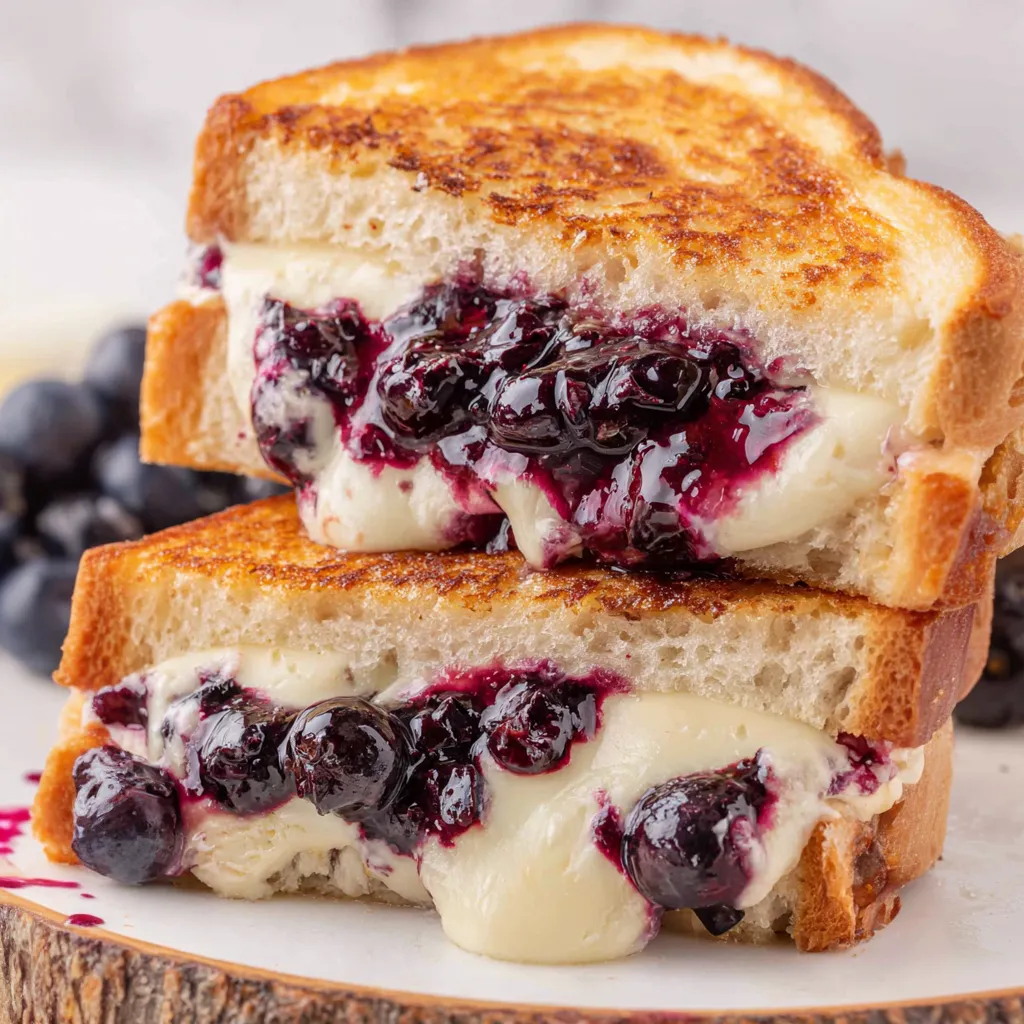 A close up of a blueberry brie grilled cheese sandwich.