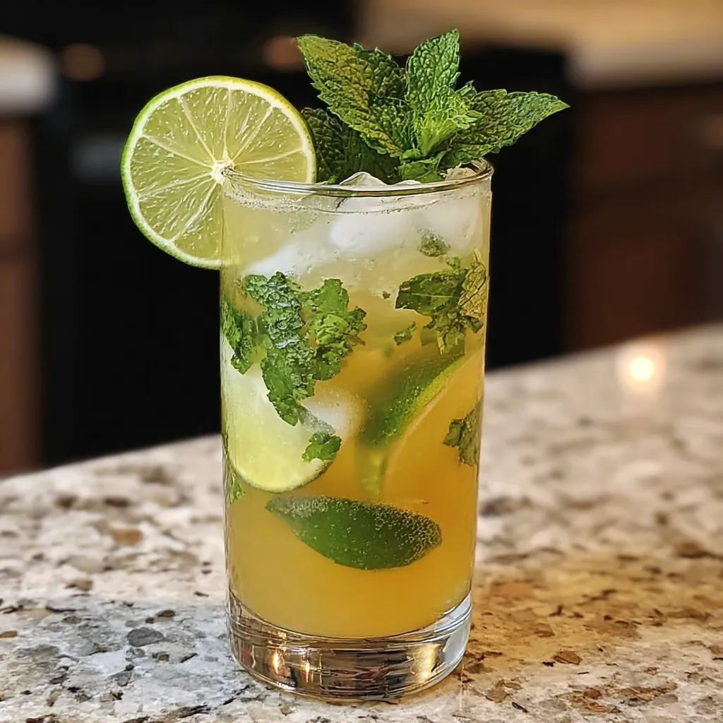 A glass of lemonade with mint leaves.