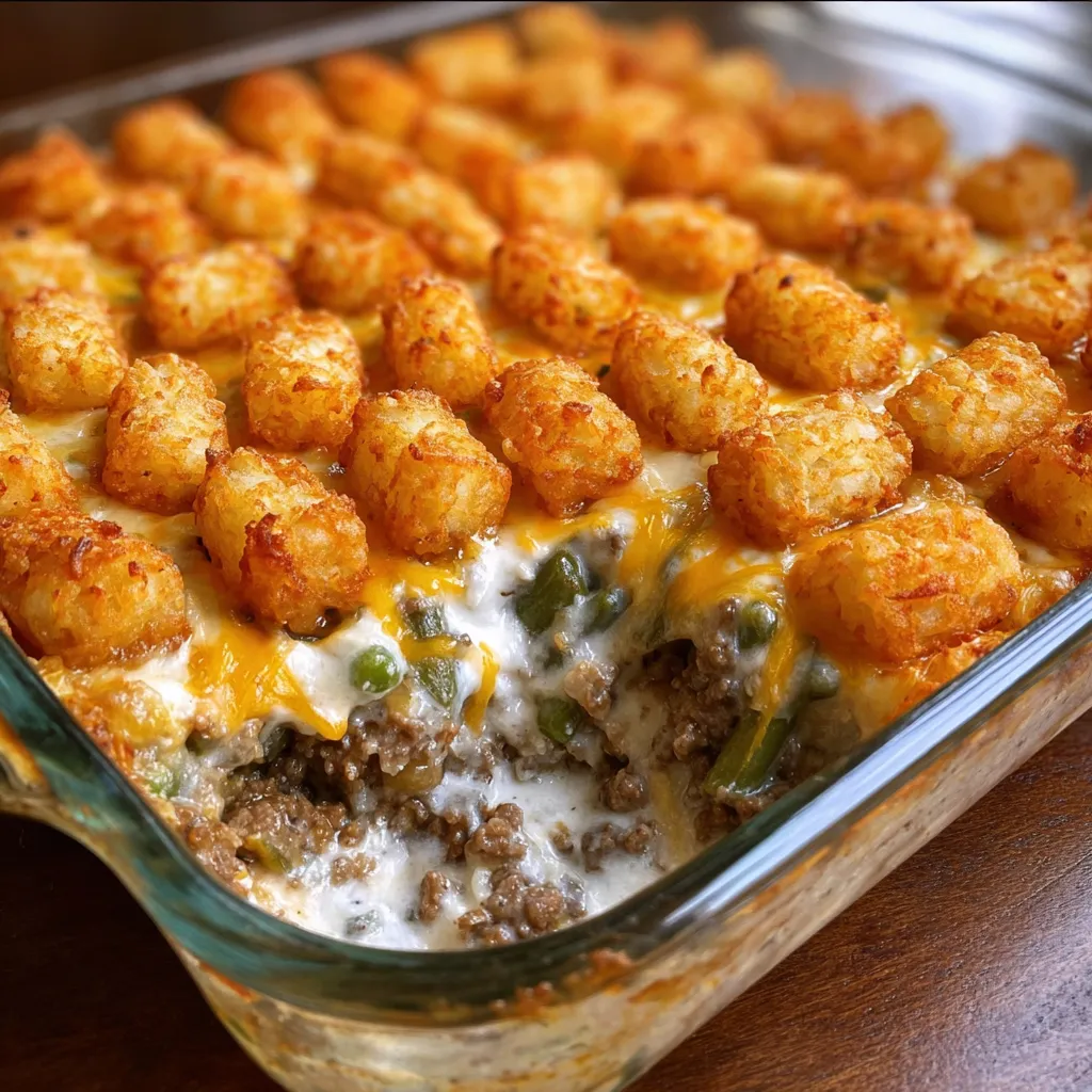A casserole with tater tots and cheese.