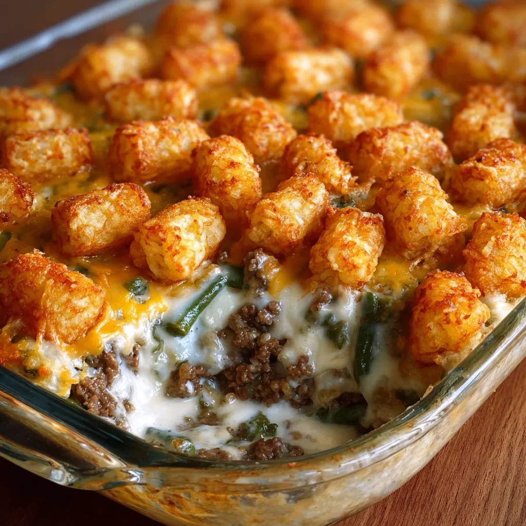 A casserole with tater tots and meat.