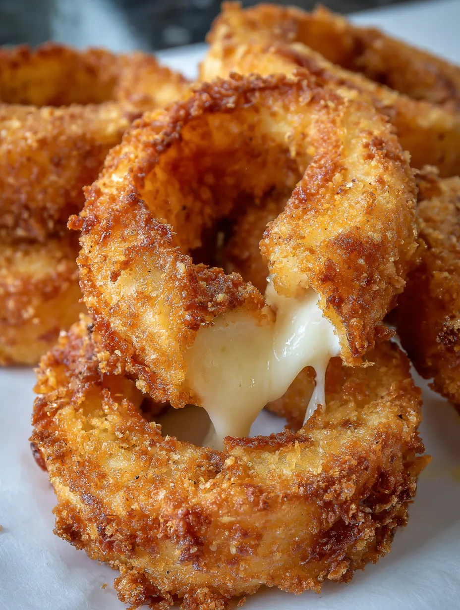 A close up of a cheesy onion ring.