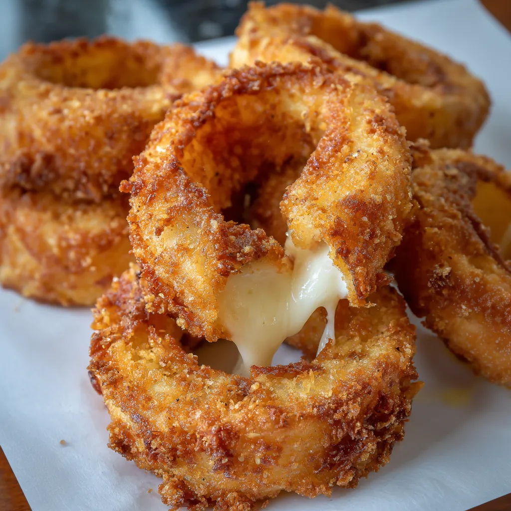 A plate of cheesy onion rings.