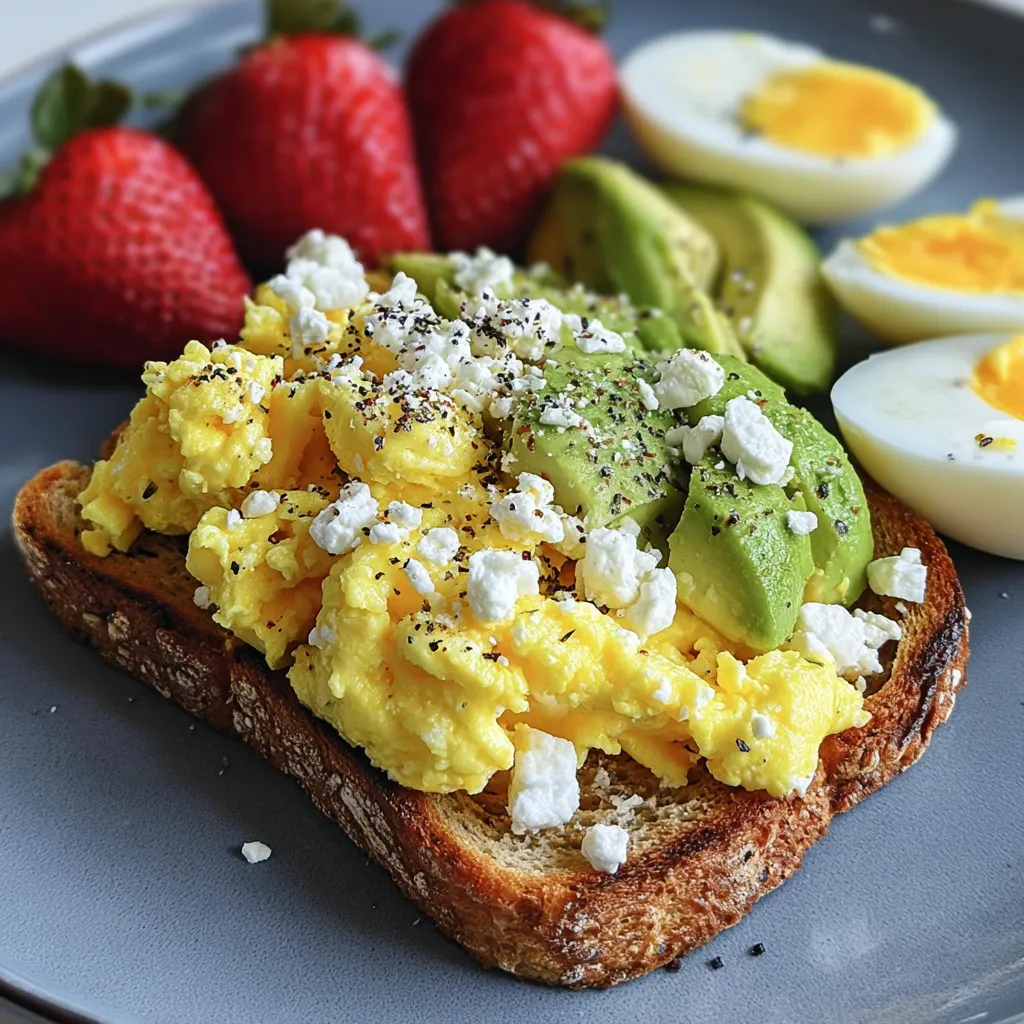 A plate of food with eggs, avocado, and strawberries.