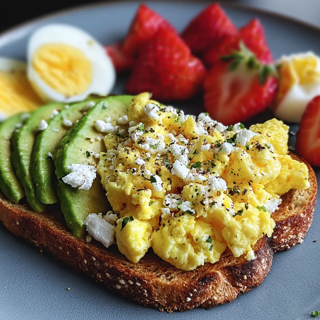 A plate of food with eggs, avocado, and strawberries.