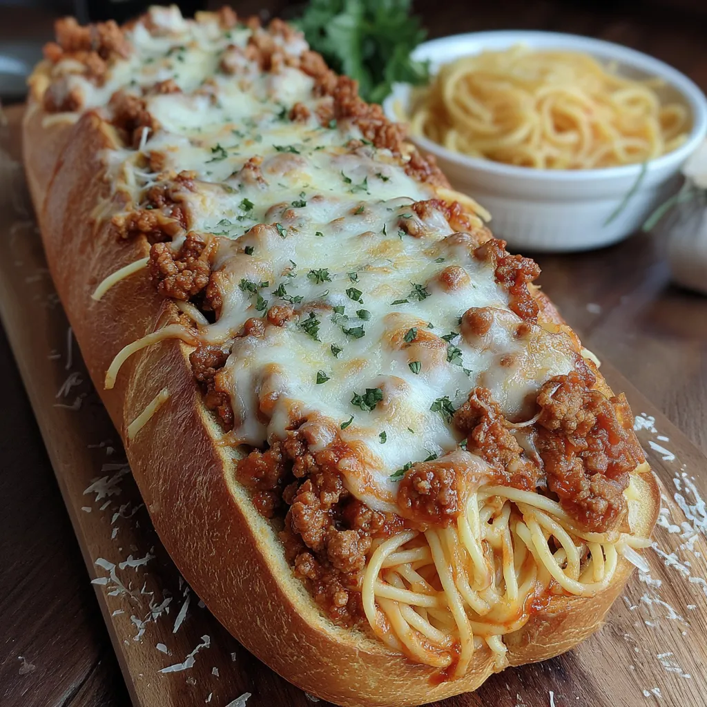 A cheesy stuffed Italian bread boat with spaghetti noodles on top.