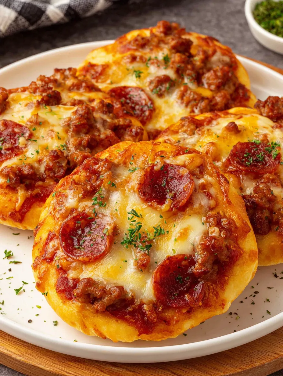 Two air fryer biscuit pizzas with pepperoni and cheese.