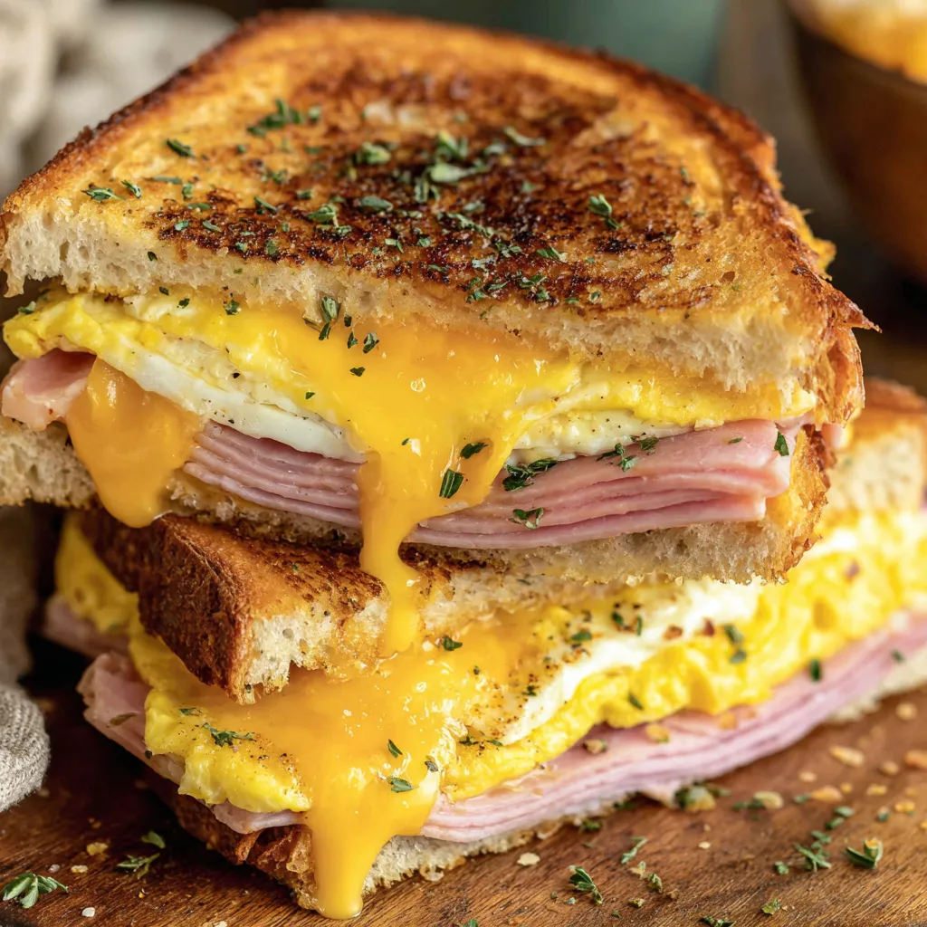 A breakfast sandwich with egg and ham.