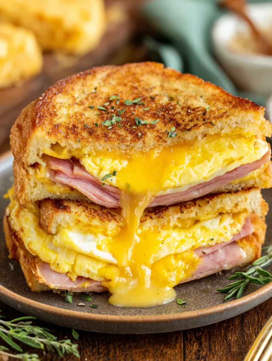 A breakfast sandwich with egg and ham.