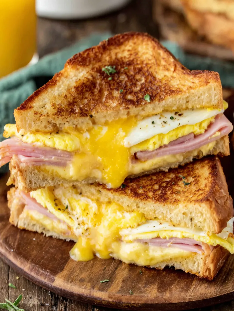 A breakfast sandwich with eggs and ham.