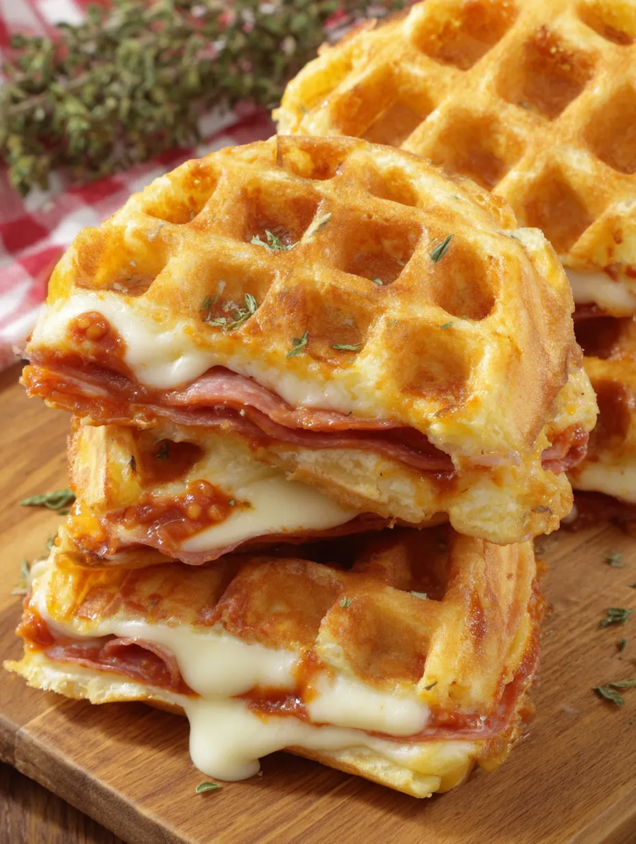 A stack of waffles with cheese and meat on top.