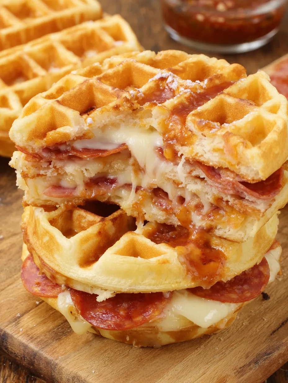 A stack of waffles with cheese and pepperoni.