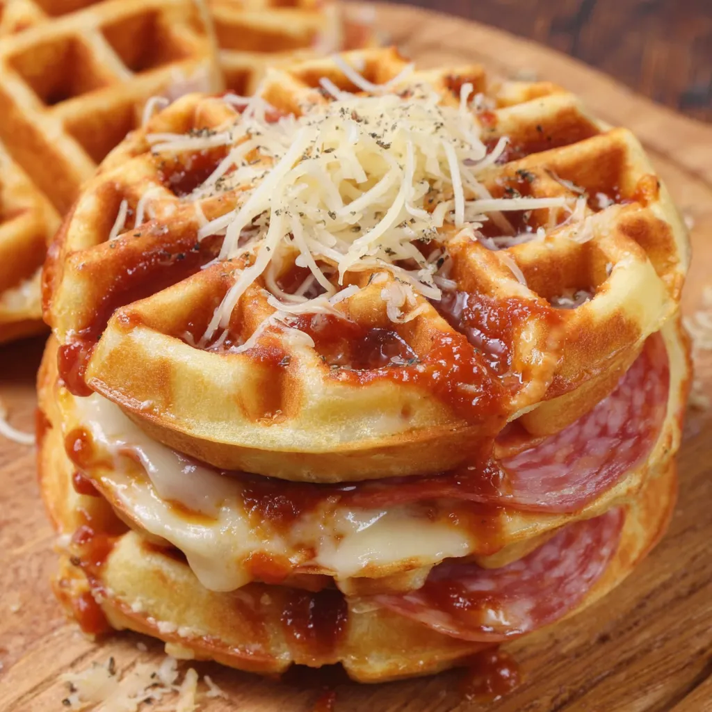 A stack of waffles with cheese and meat on top.