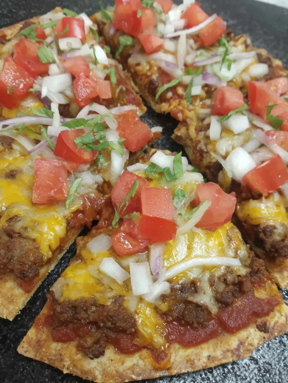 A slice of Mexican pizza with tomatoes and onions.