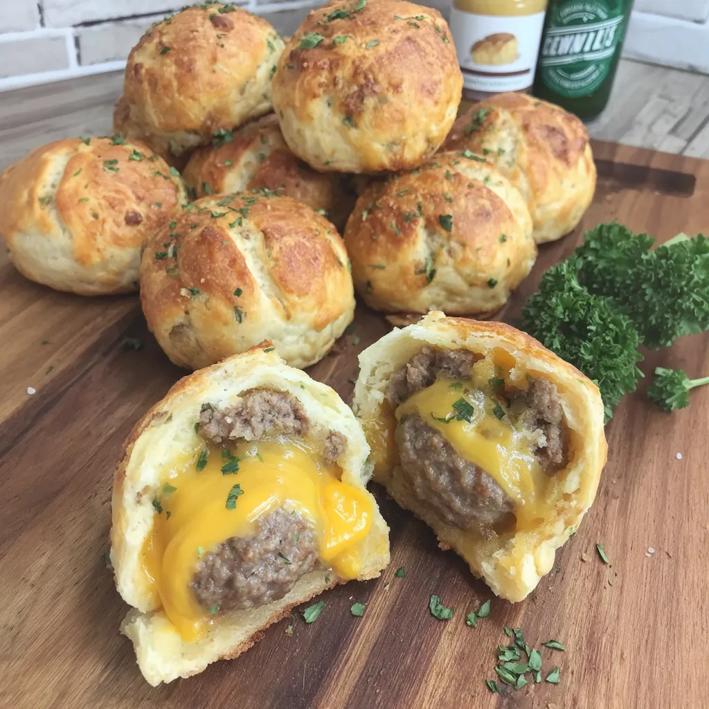 A plate of cheeseburger biscuit bombs.
