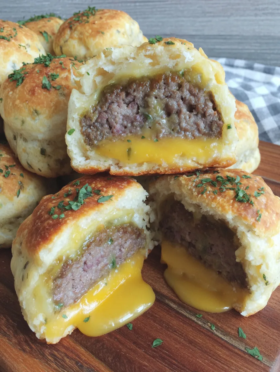 A plate of cheeseburger biscuit bombs.
