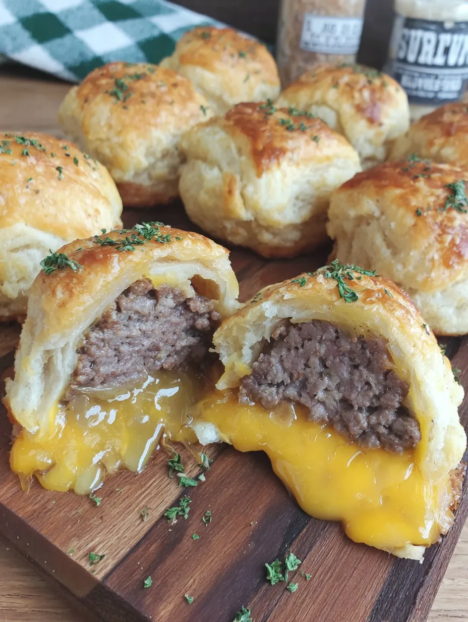 A plate of cheeseburger biscuit bombs.