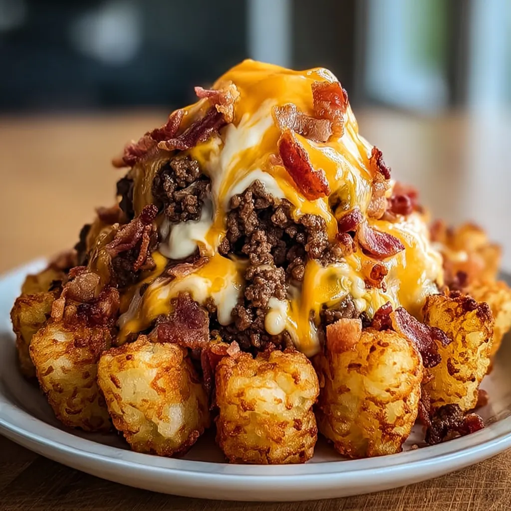 A plate of food with a cheesy bacon burger on top.