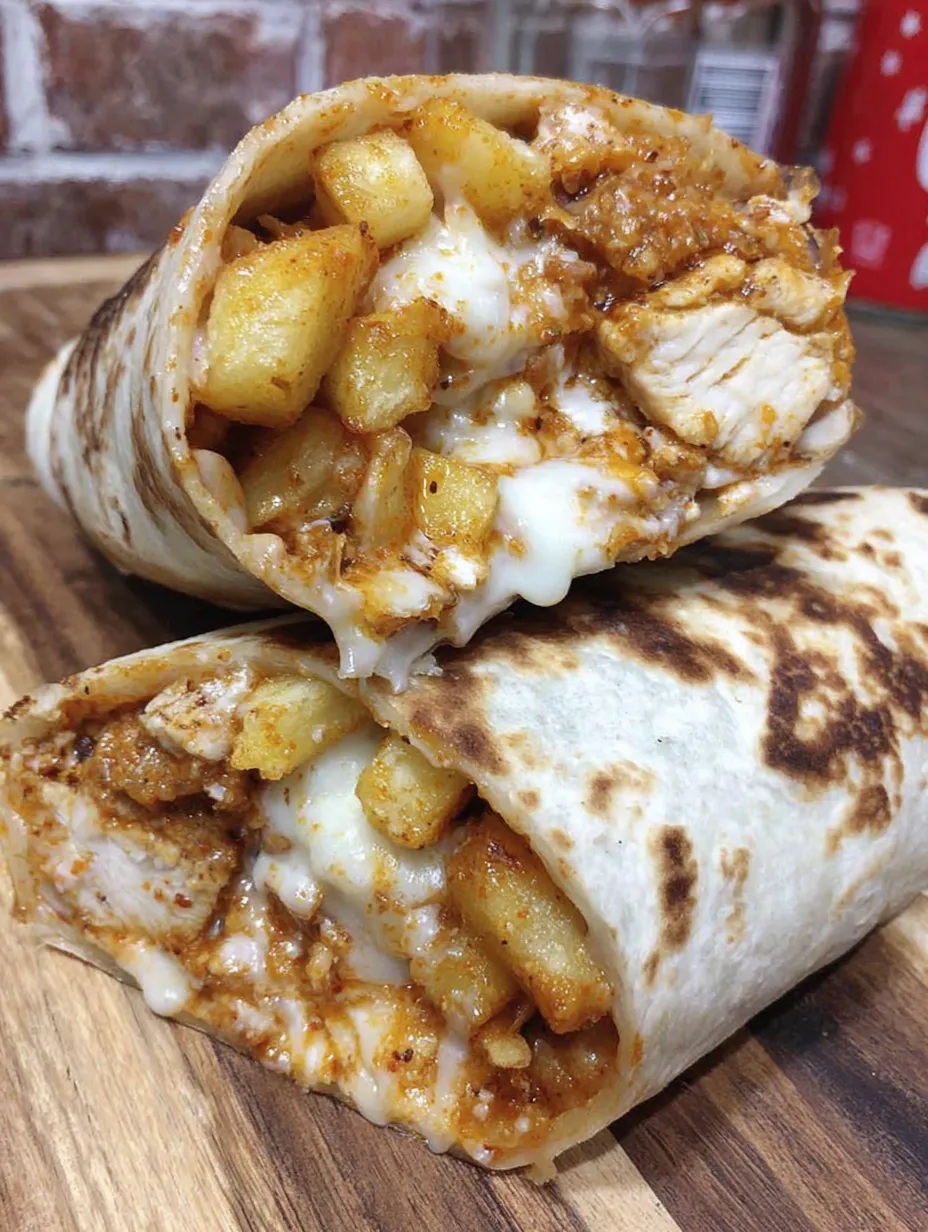 A burrito with chicken and cheese.