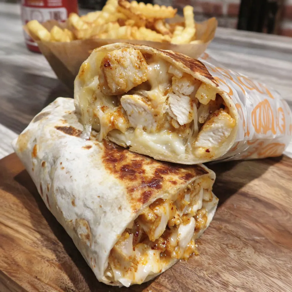 A burrito with chicken and cheese on a table.