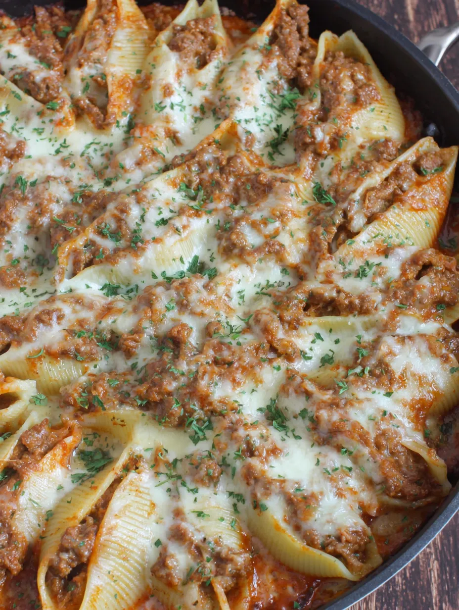 A close up of a cheesy stuffed shell.