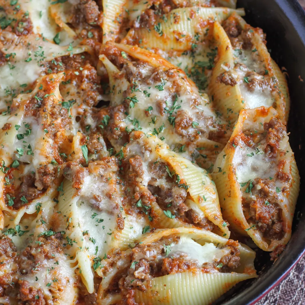 A dish of cheesy stuffed shells.