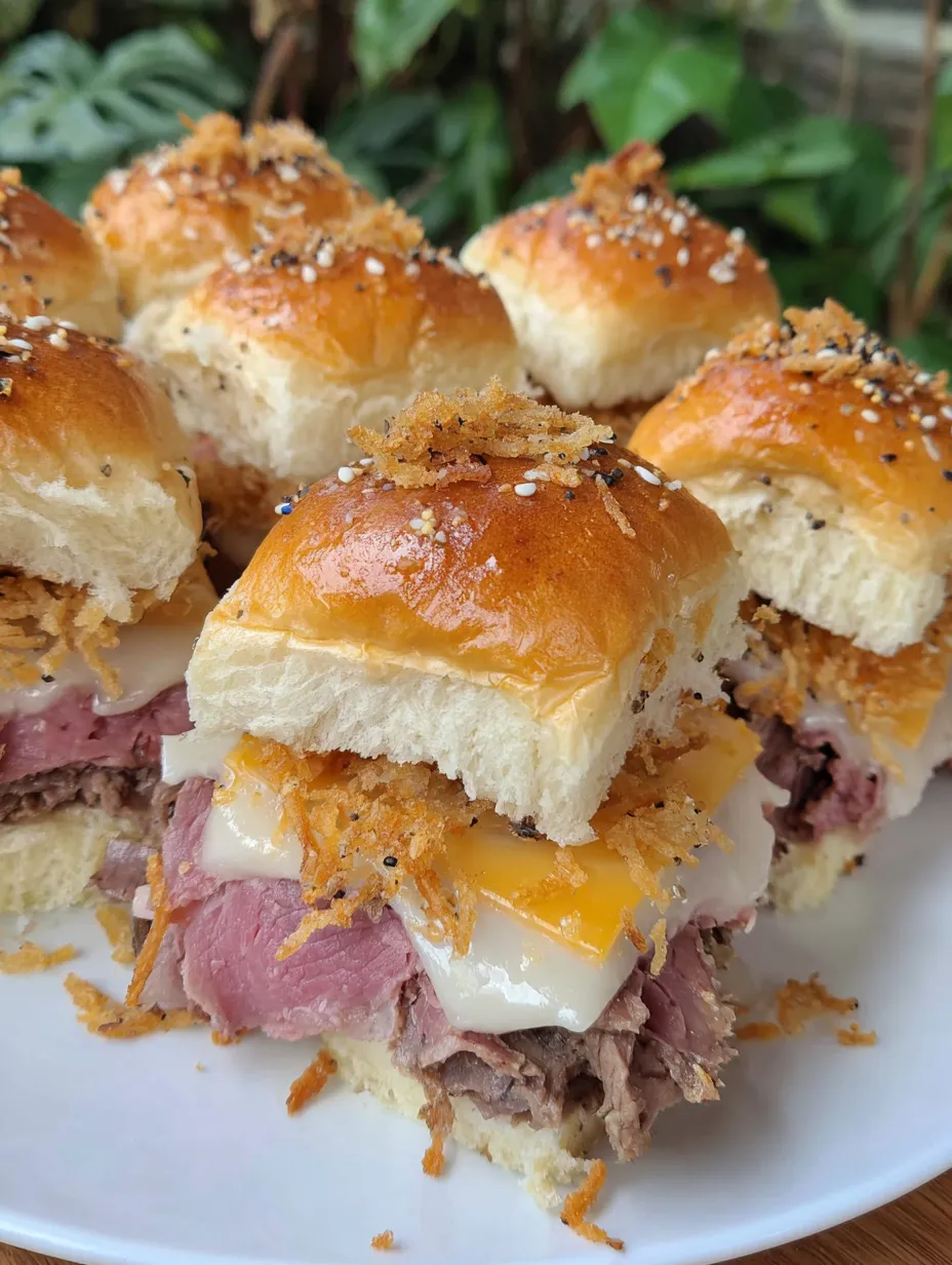 A plate of roast beef sliders with sesame seeds on top.