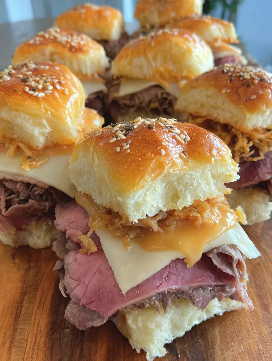A plate of roast beef sliders with cheese and sesame seeds.