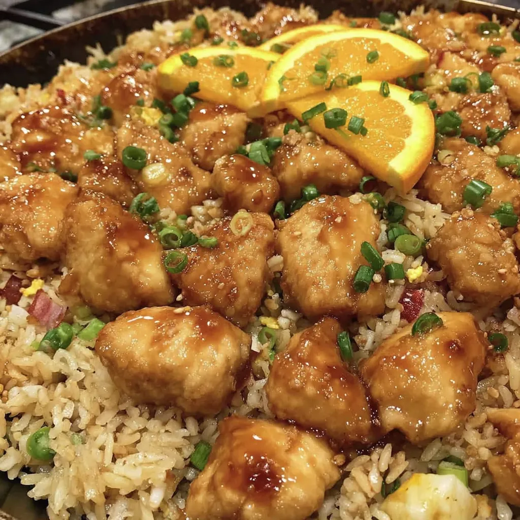 A plate of orange chicken fried rice.